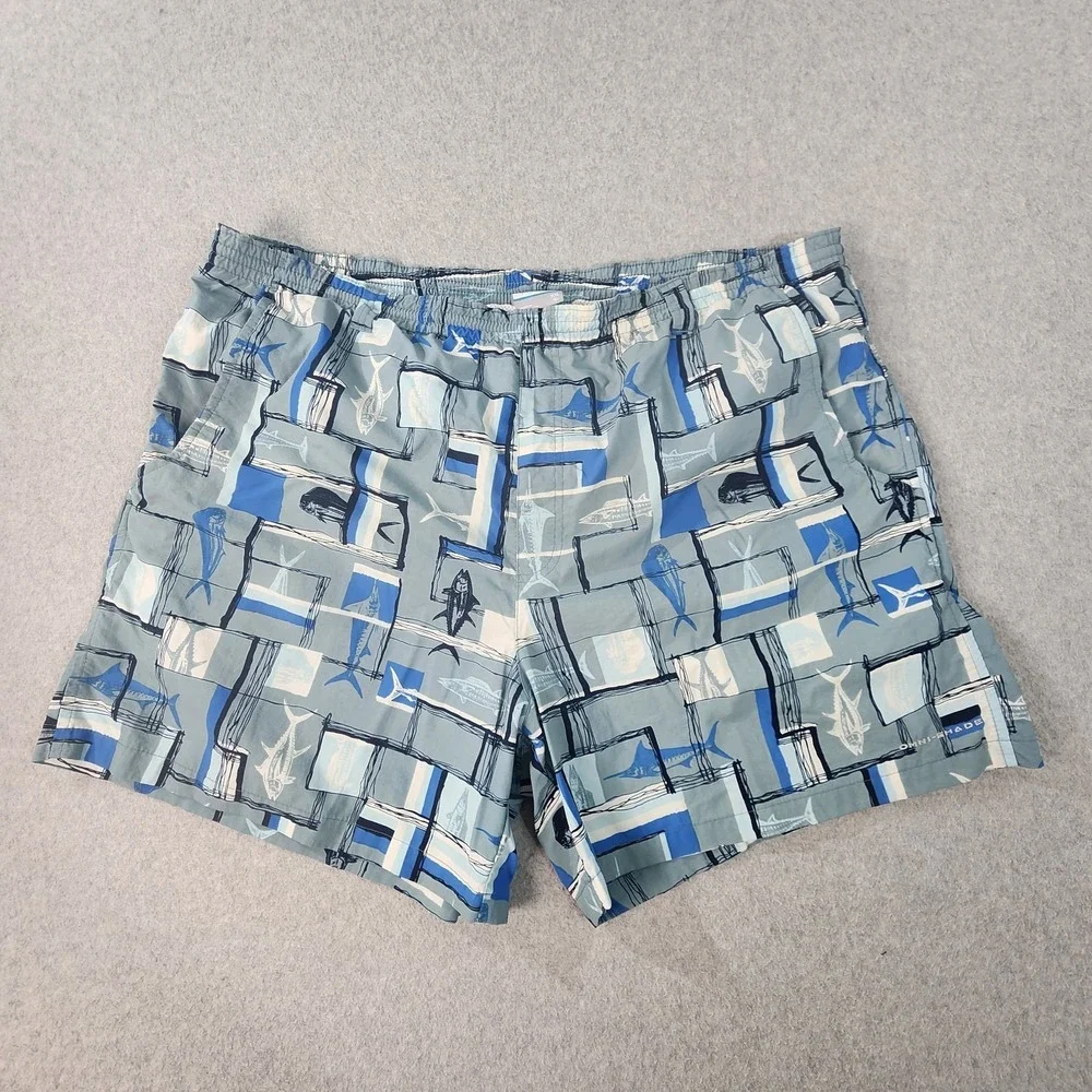 Columbia PFG AOP Fish Swim Trunks Men XXL 40x6 Gray Blue White Omni Shade Pocket